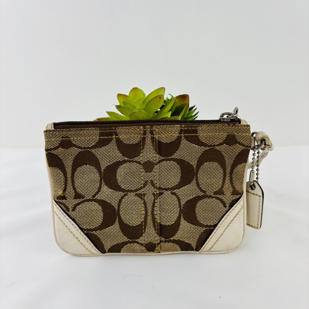 Coach Signature Monogram Canvas Wristlet Brown Cream Leather Trim Small Wristlet